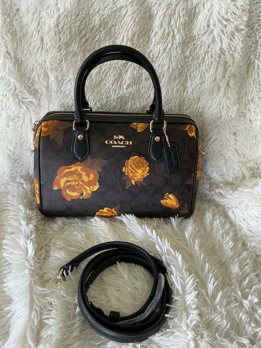 Coach Rowan Signature floral Satchel in Walnut/black